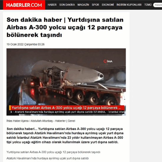 The Airbus A-300 passenger plane, which was sold abroad, was divided into 12 parts and transported.