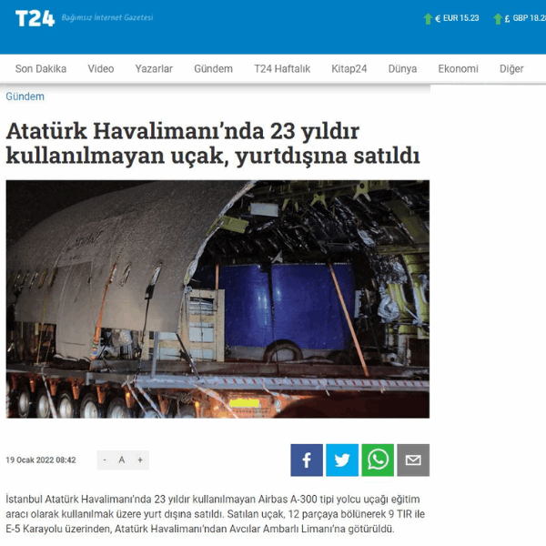 The plane, which has not been used at Atatürk Airport for 23 years, has been sold abroad.